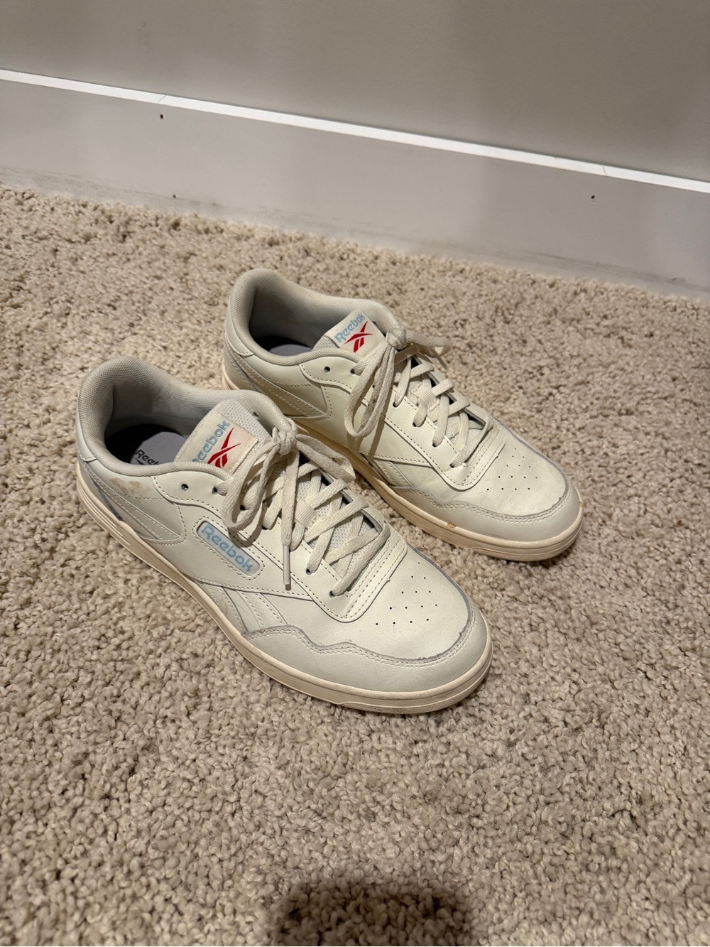 Reebok Men's Off-White Leather Low-Top Sneakers with Subtle Blue Logo